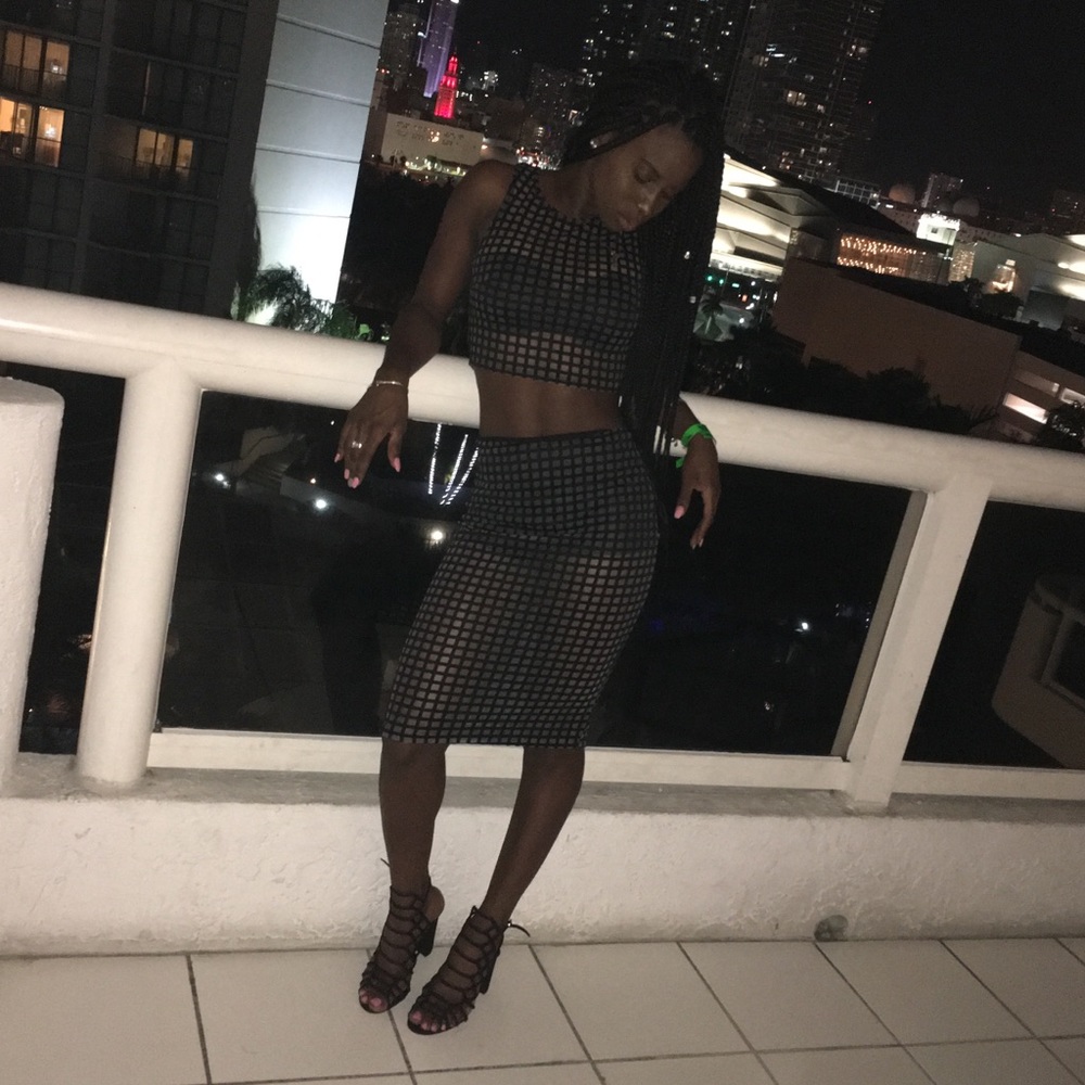 Two-piece see through crop top and skirt